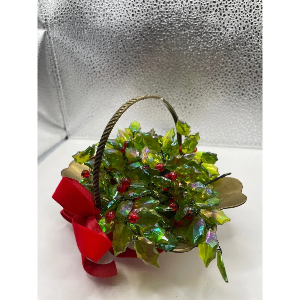 Brass Holly Berry Basket Christmas‎ Holiday Decor Red Velvet Bow Handmade India